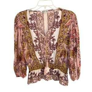 Gypsy Love Boho Paisley Floral Lace Up Tassel Peplum Blouse Pink Mustard Large